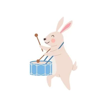 Trained hare or rabbit beats a drum cartoon flat vector illustration isolated. Illustrazione stock