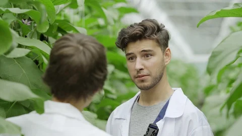 Trainee agricultural engineer talking to senior engineer Stock Footage 96583741