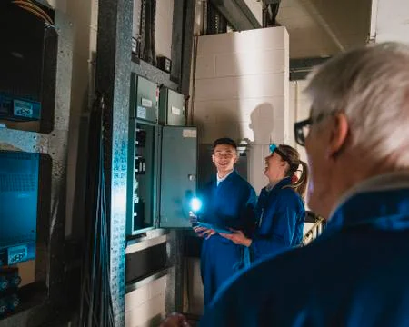 Trainee Electricians Using a Switch Board 库存照片