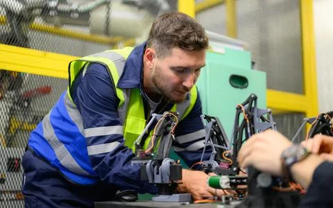 Trainee engineer learning and working in production line of industrial factory Stock Photos