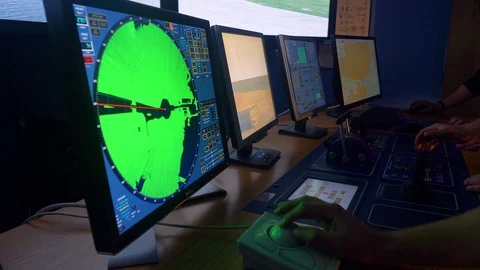 Trainee marine cadets use simulated navigation training aids at Lowestoft Stock Footage 106779901