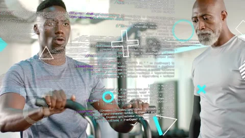 Trainee pushing and pulling bars after trainer cue in fitness gym, animated HUD Stock Footage 333105897