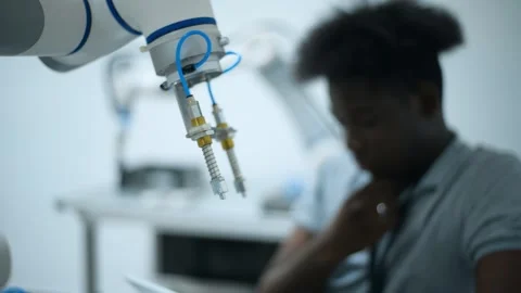 Trainee Robotics engineer learning with Programming and Manipulating Robot Ha Stock Footage 280791055