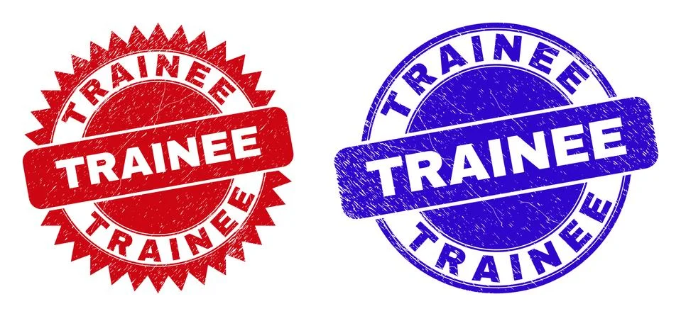 TRAINEE Round and Rosette Seals with Grunged Style Stock Illustration