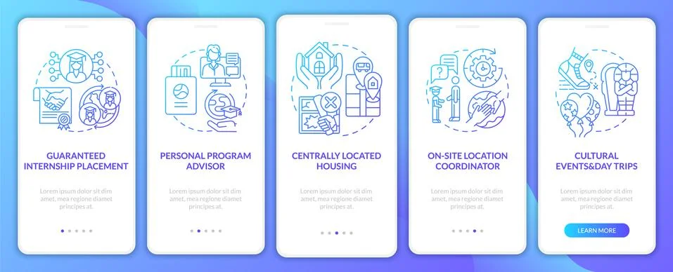 Traineeship program benefits onboarding mobile app page screen Stock Illustration