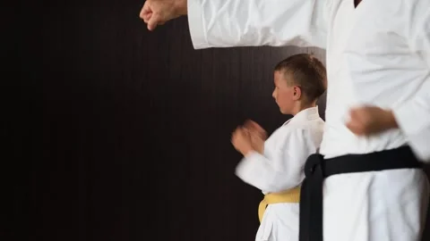 A trainer and a black and yellow belt athlete perform straight punches Stock-Footage 303433982