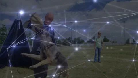 Trainer bracing bite sleeve training while handler releasing dog, biting, Stock Footage 332641915