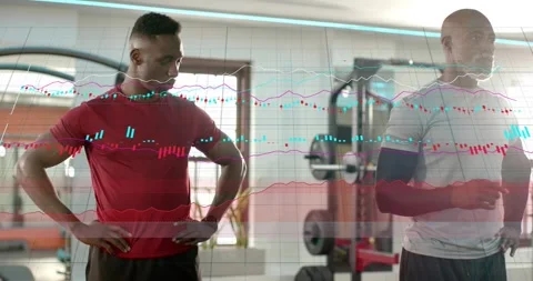 Trainer coaching form while trainee checking wrist device, fitness analytics Stock Footage 331002456
