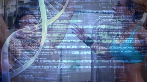 Trainer cueing male client pulling lat bar, DNA helix and code overlays Stock Footage 332275409