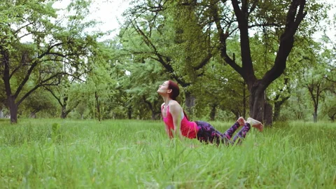 Trainer doing Upward facing dog to downward facing dog yoga poses stretching out Stock Footage 131932749