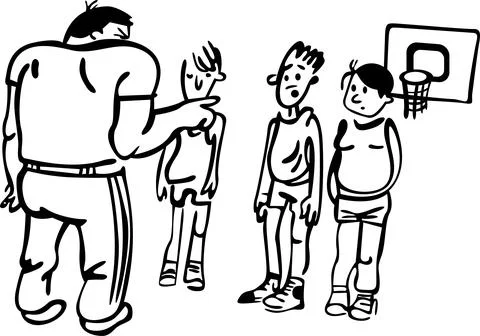 A trainer in the gym explains to boys how to play basketball 库存插图