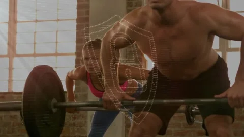 Trainer initiating barbell pull, partner mirroring for fitness, shield logo Stock Footage 323336556