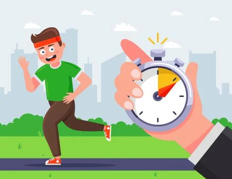 The trainer marks the time during which the male athlete ran. Stock Illustration