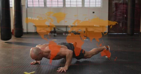 Trainer from plank cycling pushup to knee drive rotating under orange worldmap Stock Footage 323455299
