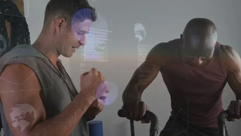 Trainer tapping stopwatch, timing interval while athlete pushing cardio machine, Stock Footage 333351312