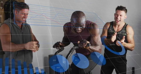 Trainers clapping signaling start as athlete pedaling airbike fitness charts Video stock 312017801