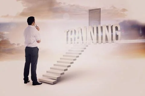 Training against white steps leading to closed door Stock Illustration