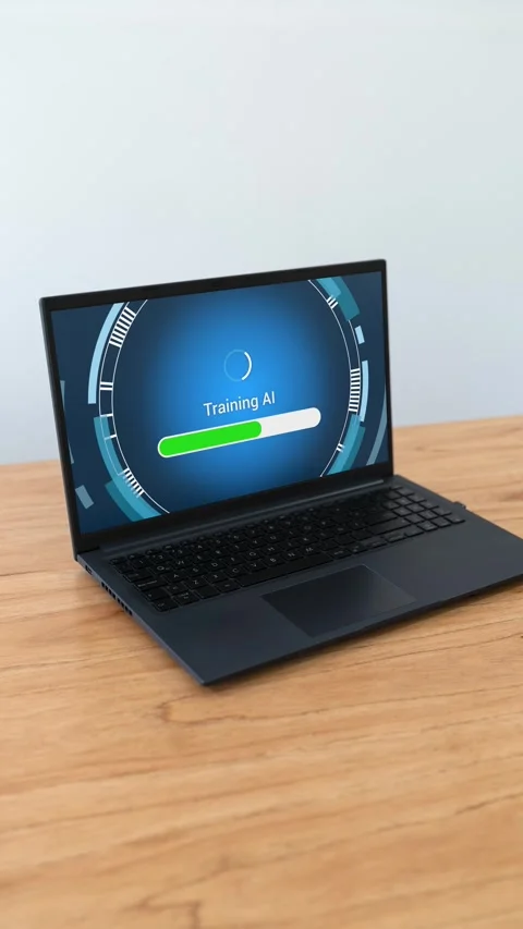 Training AI on a laptop. Concept of improving artificial intelligence. Vertical Stock Footage 310334458