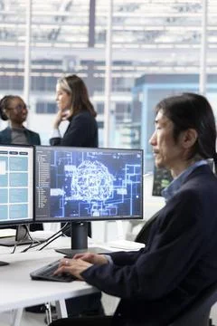 Training AI model, RD and man in microchip factory optimizing hardware Stock Photos