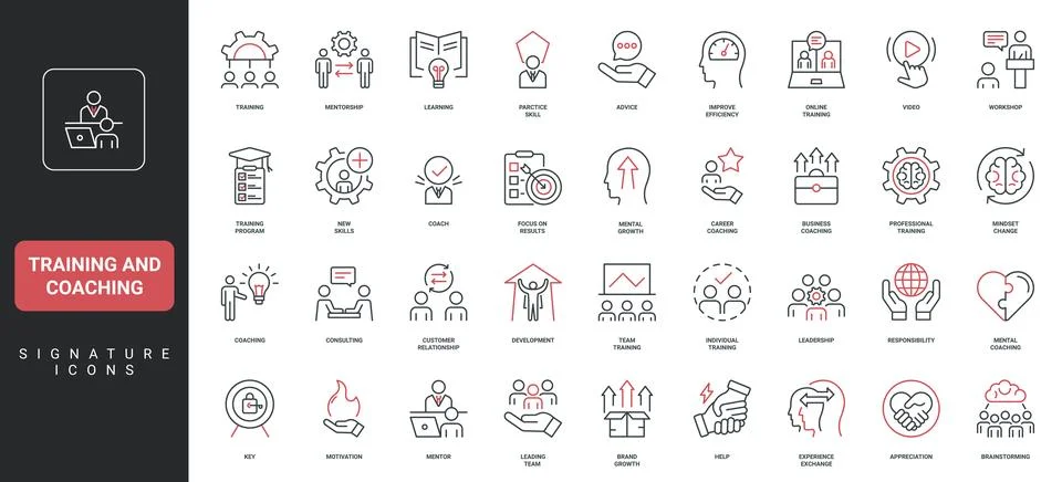 Training and coaching program, mentorship, learning for skill development line Stock Illustration