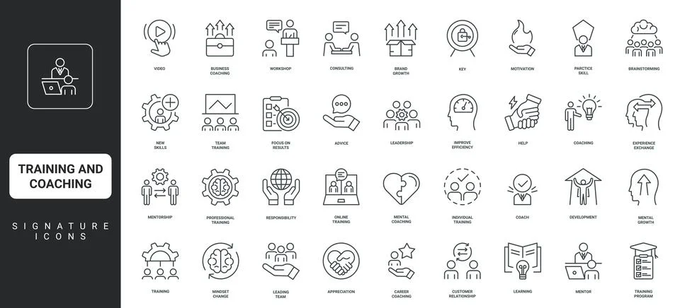 Training and coaching program, mentorship, learning for skill development line Stock Illustration