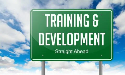 Training and Development on Highway Signpost. Illustrazione stock