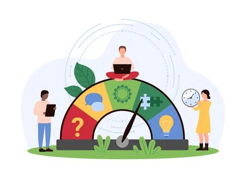 Training and development of soft skills, tiny people measure ability on Illustrazione stock
