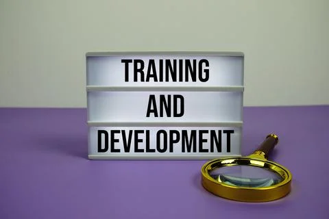 Training and Development text on LED lightbox with magnifying glass on purp.. Stock Photos