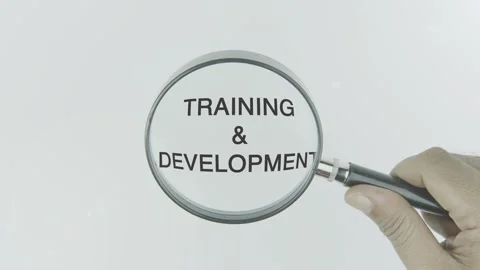 Training and Development text or word highlighted by a magnifying glass Stock Footage 303728722