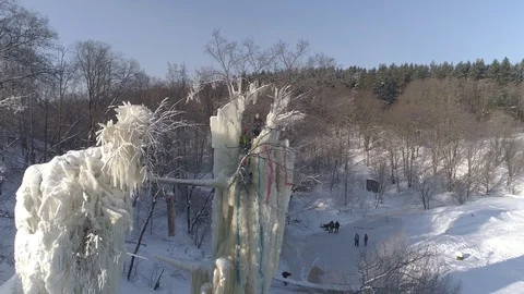 Training and ice climbing competition on ice pillars. Russia. Winter aerial view 스톡 동영상 86514501