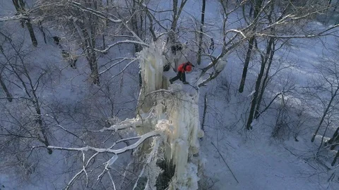 Training and ice climbing competition on ice pillars. Russia. Winter aerial view 스톡 동영상 86514561