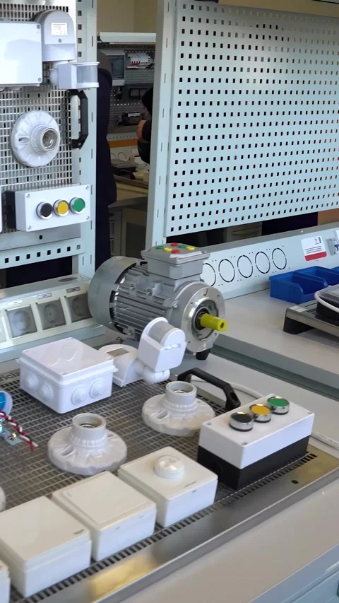 Training to become an electrician at a technical school - Vertical video. 库存影片 332979809