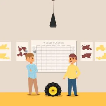Training class, study of tractor and combine, truck car, worker machine flat Stock Illustration
