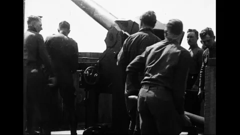 Training Of Coast Artillery Troops Loading And Raising Anti-Aricraft Gun Stock Footage 94097177