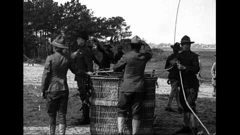 Training Of Coast Artillery Troops Preparing Balloon For Take Off Stock Footage 94095785