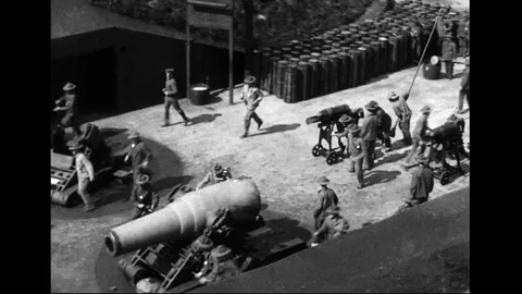 Training Of Coast Artillery Troops Preparing And Loading The Mortars Stock Footage 94097516