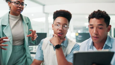 Training, coding and people on tablet for research, teamwork and collaboration Stock Footage 297239998