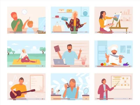 Training courses online set. Web clips his own hairdresser yoga webinar corre Stock Illustration