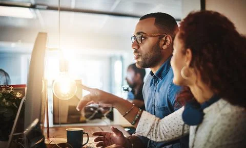 Training, designer or leader on computer for web design, creative website and Stockfoto's
