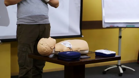 Training dummy used by paramedic trainees. Special dolls for medical trainings.  Stock Footage 146319668
