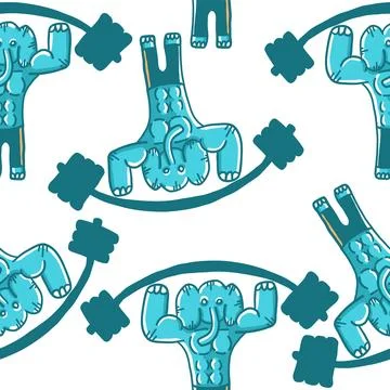Training elephant with a barbell pattern in cartoon flat style. Stock Illustration