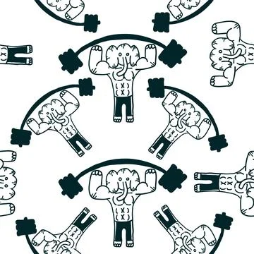 Training elephant with a barbell pattern in outline doodle style. Stock Illustration