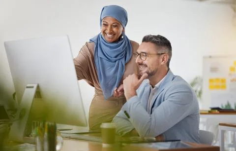 Training, help and computer with business people in office for creative Stock Photos