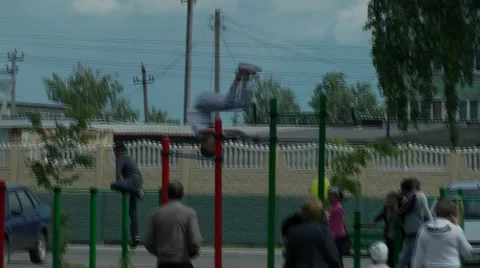 Training. Horizontal bar - the crossbar. Workout street Stock Footage 52433427