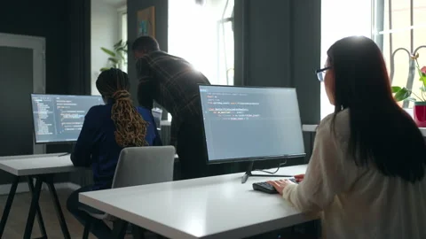 Training of IT-specialists and programmers in university, multiethnic women in Stock Footage 233724425