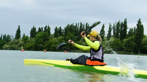 Training of kayakers on the river in cloudy day Stock Footage 64940464