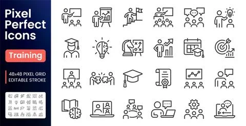 Training line icon set. Coaching, workshop, leadership, presentation, online Stock Illustration