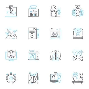 Training linear icons set. Education, Learning, Development, Workshops, Coaching Illustrazione stock