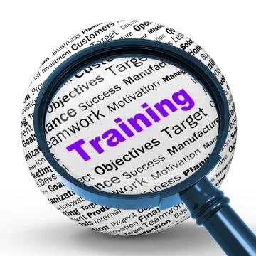 Training magnifier definition shows instructing or education Stock Illustration