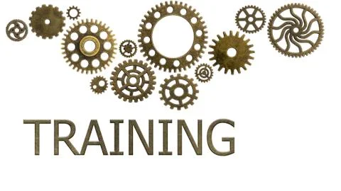 Training old cogs on a worn isolated technology machine New future metal gold Stock Illustration